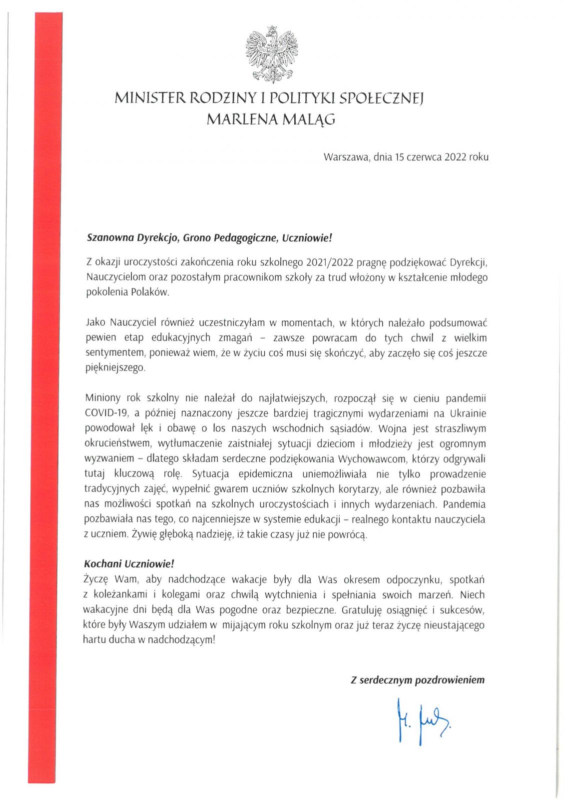 List Minister Rodziny i Polityki Społecznej