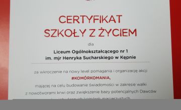 Mamy Certyfikat Szkoły z Życiem