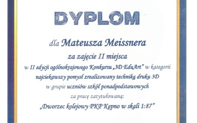 Dyplom za zajęcie II miejsca w drugiej edycji ogólnokrajowego Konkursu 3D EduArt